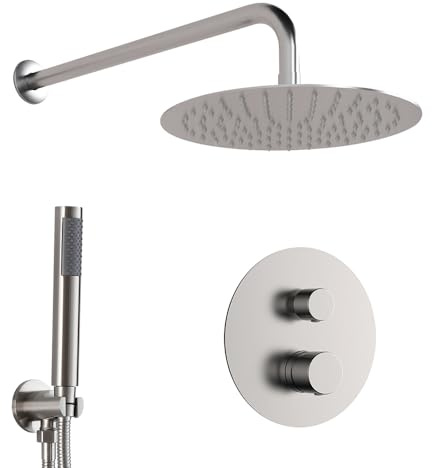 Set doccia incasso satinato con braccio e soffione 30 cm, kit doccia con doccino in ottone, presa acqua e supporto, GEMINI