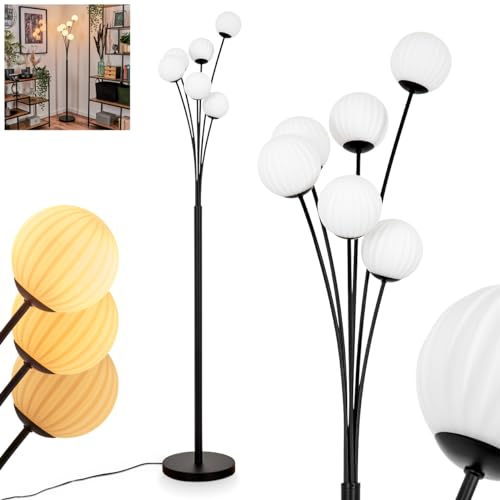 Stehleuchte Bernado, Stehlampe aus Metall/Riffelglas in Schwarz/Weiß, Leuchte im modernen Retro/Vintage-Design mit Schirmen aus Glas (Ø 10 cm), dimmbar über Fußschalter, 6 x G9, ohne Leuchtmittel