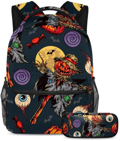 VAPOKF Ensemble de cartable d'Halloween avec motif citrouille épouvantail et globe oculaire pour adolescentes, filles, garçons, enfants, sac à dos avec trousse à crayons pour l'école primaire,