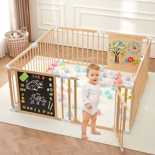 All-in-One Baby Laufstall aus Holz mit Tür – 8 Paneele (163 x 163 x 66 cm), faltbarer & erweiterbarer Laufgitter Baby, höhenverstellbarer Playpen mit Tafel & Montessori Board | baby zaun
