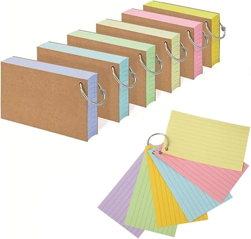 MEETOZ 6 Pack Flash Cards Ruled Index Cards Revision Cards with 6 Binder Rings, Kraft Paper Notecards Lined Index Cards, 12.7x7.6cm, for Study Office NotePads School Learning Memo