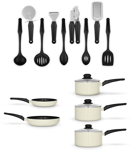 Swan Townhouse 14 Piece Aluminium Cookware and Tool Set with 16/18/20cm Saucepans with Glass Lids and 20/26cm Frying Pans, Cream