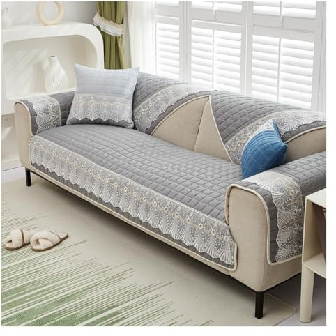 FOVAOK Rutschfester Sofabezug mit Spitze, kariert, für vier Jahreszeiten, universal, dehnbar, Ecksofa, Handtuch, 1/2/3/4-Sitzer (Dunkelgrau, 90 x 160 cm)