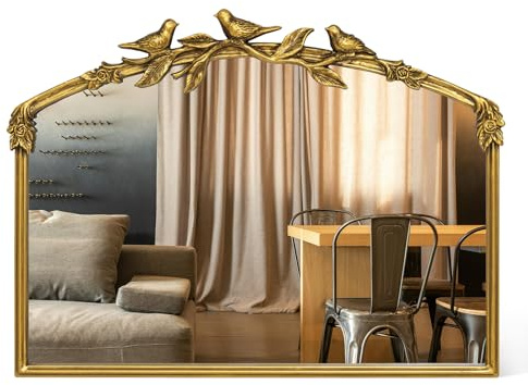 Awhtixbo Antique Gold Baroque Mirror 64X48Hcm - Vintage Cast Iron Frame with Hand-Carved Resin Florals, Shatterproof Wall Mirror for Bathroom, Living Room & Bedroom