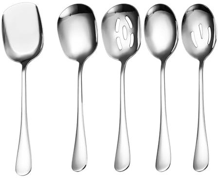 5 Pcs Serving Spoons Set, Stainless Steel Serving Spoon, Easily Skim and Filter Food Residues from The Main Dish, for Serving Kitchen Cooking Restaurant Banquet