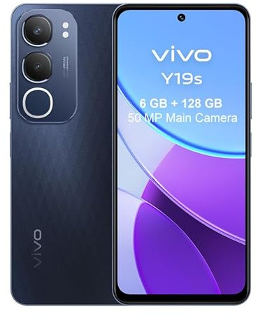 vivo Y19s，Smartphone 6 GB RAM + 128 GB ROM, Cámara Principal de 50 MP, Batería de 5150 mAh, Luz dinámica, Pantalla superbrillante 6,68”, IP64, Teléfono móvil 4G, Dual SIM, Android 14, Negro