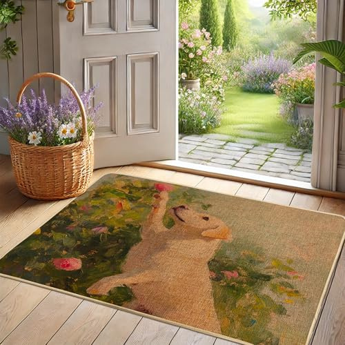 Hundematte mit Frühlingsblumen, gelber Welpen-Artwork-Fußmatte für drinnen und draußen, Willkommenseingang, wasserdicht, rutschfest, staubig, saugfähig, leicht zu reinigen, 73,2 x 43,2 cm