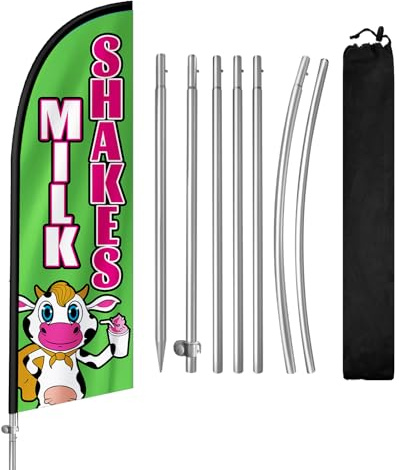 QSUM Milk Shakes Feather Flag with Stainless Steel Flagpole,Ground Spike Advertising Flag,Suitable for Businesses and Storefronts Signs,8FT,1 Set