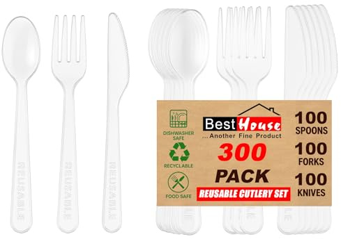 Best House | Reusable Plastic Cutlery Set | 300 Pcs (100 Spoons, 100 Forks, 100 Knives) | Heavy Duty | Clear Mix Cutlery Set for Birthday, Parties, Picnics, BBQ's, Camping, and Everyday Use