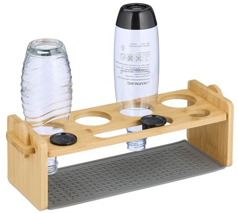 Relaxdays Scolabottiglie da Lavandino, Compatibile con Bottiglie Sodastream, Supporto per 4 Borracce, in bambù, Naturale