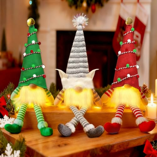 Vautvis 3 Piezas Gnomo Navidad, Gnomos Navideños con Luz, Gnomo Decoraciones Navideñas, Figuras De Duende Enano De Navidad, Adornos Navideños, Adorno De Mesa Navideño