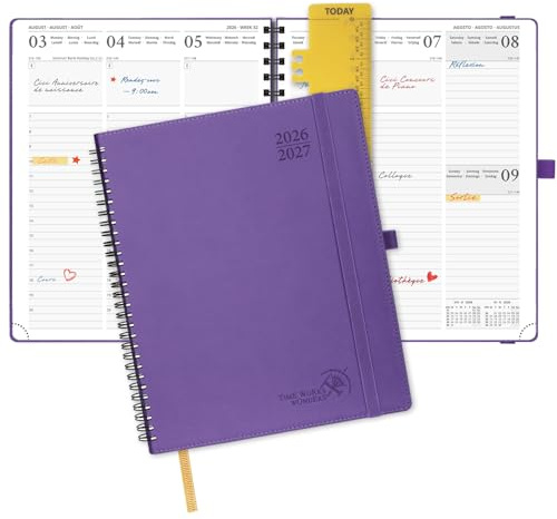 POPRUN Agenda 2026 2027 Semainier 26,5 x 21,5 cm D'Août 2026 à Déc 2027 | Planner Vertical Scolaire 17 Mois avec Couverture Souple Spirale,Règle-signet,Papier 80g/m²,Pourpre