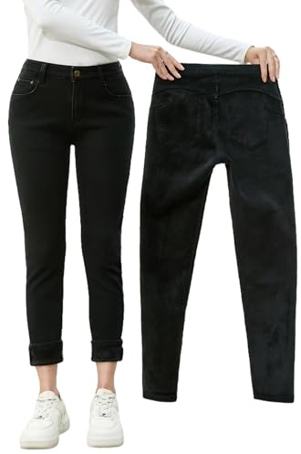 Merlvida Jeans Termici Donna Vita Alta Push Up, Pantaloni Jeans Foderati Invernali, Jeans Aderenti con Interno in Pile, Leggings Felpati in Denim Elasticizzati e Caldi