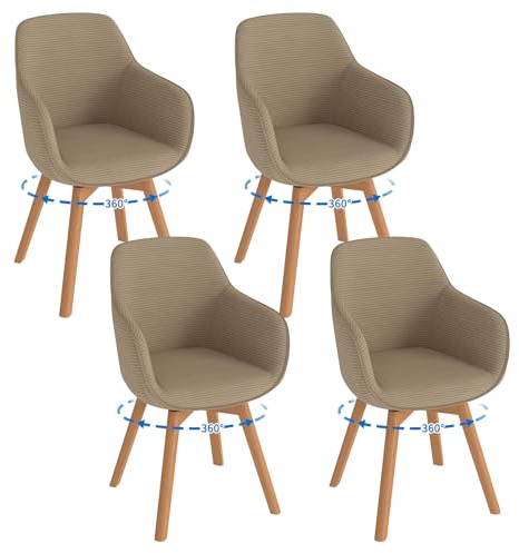 LEWE Sillas de Comedor Pack 4 Giratorias Juego de Sillas de Comedor con Reposabrazos, Giratorias 360°Sillas de Cocina Modernas de Pana con Patas de Madera y Respaldo, para Salón y Comedor, Caqui