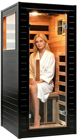 Amocane Mini 1 Person Infrared Sauna, Far Infrared Sauna Spa with Remote Control, Okoume Wood Dry Sauna with Carbon Heaters, Corner Saunas with Glass Door for Home & Gym & Apartment 75 x 85 x 160cm
