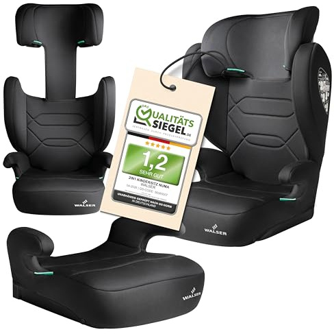WALSER Premium Kindersitz Auto Numa, bequeme 2in1 Kinder Sitzerhöhung abnehmbare Rückenlehne + mitwachsende Kopfstütze 3-8 Jahre 100-150 cm neueste Norm ECE R 129, Sitzerhöhung Auto Kinder schwarz