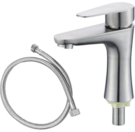 Rubinetto per Acqua Fredda in Acciaio Inox, Rubinetto Singolo per Acqua Fredda, con Tubo di Collegamento, Beccuccio Filtrante, Installazione Facile, per Bagno, Ospiti, WC, Bar, Cucina