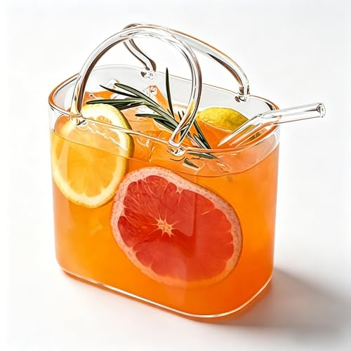 PORUPAEL Glass Purse for Drinks - 700ml Handbag Drinking Glass with Straw, Unique Purse Drinking Glass for Cocktail, Juice, Iced Tea, Home Bar Decor & Gift