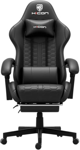 HICON Gamingstuhl Lambeth – Gaming Stuhl 200kg mit Fußstütze & Memory Foam – Gaming Bürostuhl 90°–160° verstellbar – Ergonomischer Gaming Chair – Schwarz