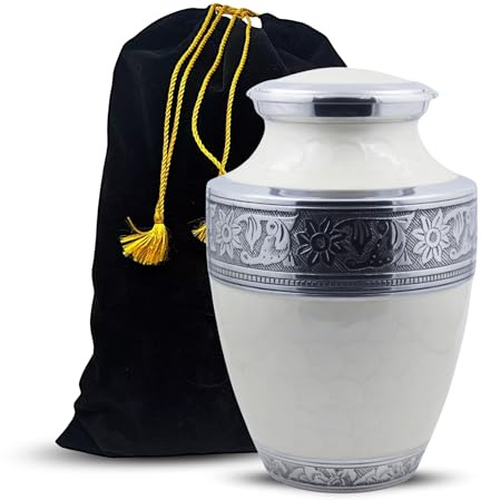 Hind Handicrafts Urne funéraire gravée en argent pour cendres humaines adultes - Urne funéraire blanche nacrée à motif floral - 200 Cu dans une grande urne commémorative en métal avec sac en velours