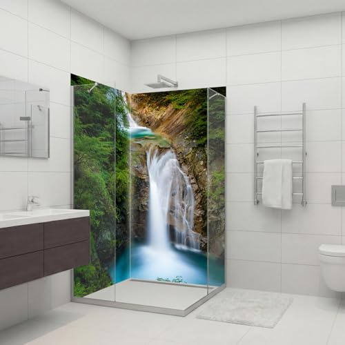dedeco Eck-Duschrückwand wasserfest Motiv: Wasserfall V20, 2 x 90x200 cm, Badrückwand, Fliesenersatz fugenlos Wandverkleidung Duschplatte Duschrückwände aus Aluminium, Made in Germany