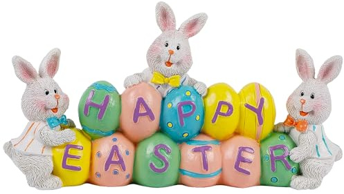 DR.DUDU Easter Decorations Eggs Bunny, Hand-Painted Resin Tabletop Centerpiece, Decor Bunny Figurine for Home Room Table Office Party (Happy Easter)