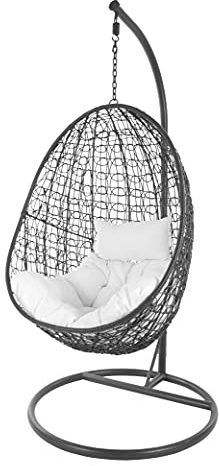 KIDEO Komplettset: Hängesessel mit Gestell & Kissen, Korbsessel, Poly-Rattan (Gestell- und Korbfarbe: dunkelgrau, Kissen: weiß Chester-Stepp (1000 Snow))