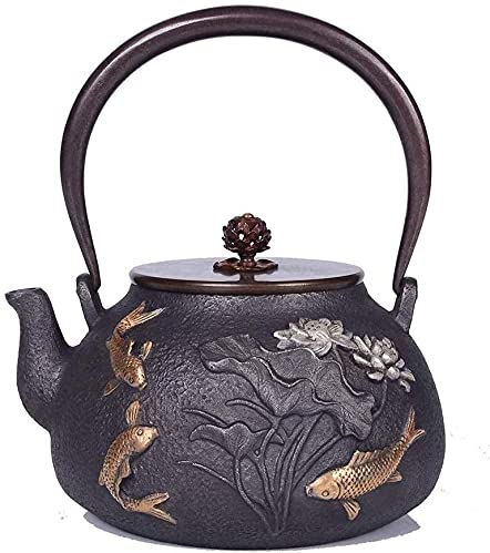 ZHANGZONG Bouilloire INOX Théière en Fonte Bouilloire sifflante Théière en Fonte à Motif Carpe et Lotus, Bouilloire sur la cuisinière, Chauffe Rapidement. Universelle pour Tous Les Types de plaq
