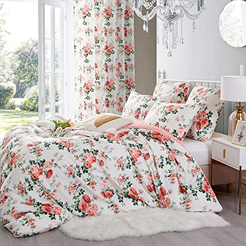Sacebeleu Bettwäsche 155x220 cm Rot Weiß Blätter Blumen＆ Kariert Muster Pflanzen Vintage Wendebettwäsche Set Microfaser Einzelbett Bettbezug mit Reißverschluss und Kissenbezug 80x80 cm