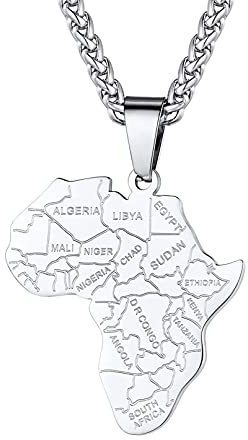 Bandmax Afrika Kette Edelstahl Afrikanische Landkarte Anhänger mit 55+5cm/3mm Weizenkette Hip Hop Afrika Landesgrenze Modeschmuck Accessoire