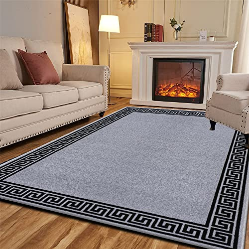 Door Mats Indoor Non Slip Mat Carpet Runners for Hallways Geometrical Border Low Profile Washable Runner Rug for Kitchen, Front Door Hall Hallways Living Room (120 x 170 cm, Grey Black)