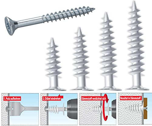 Dämmstoffdübel Thermo Wärmebrückenfreie Befestigung, Verarbeitung ohne Vorbohren oder Spezialwerkzeug möglich (10 Dämmstoffdübel + 10 Schrauben, 155 mm)