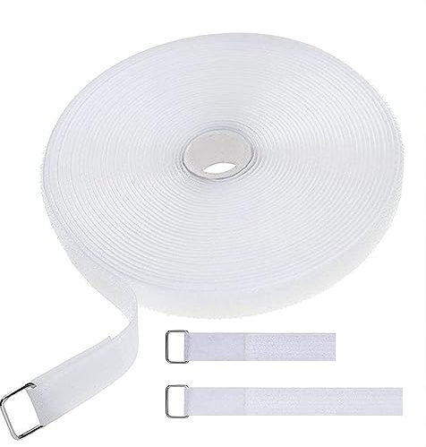 Amsthow 39ft Hook and Loop Straps With 50Pcs Buckles 1 inch Wide Cinch Cable Straps White Nylon Long Adjustable Management Cords Organized Cable Ties