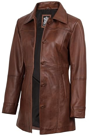 fjackets Manteau en Cuir pour Femme – Manteau Élégant en Véritable Peau d’Agneau, Style Car Coat, Idéal pour le Travail, Fermeture à Boutons