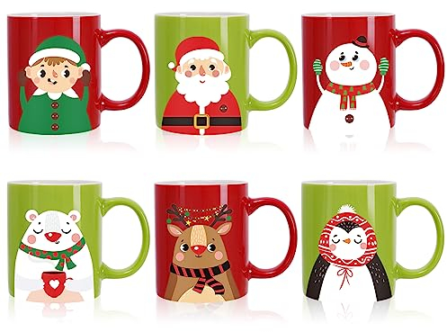 Whaline 6-teiliges Weihnachtsbecher-Set, 325 ml, Weihnachtsmann, Schneemann, Rentier, Pinguin, Weihnachten, Keramikbecher für Zuhause, Schule, Büro, Tischdekoration, Einweihungsgeschenk