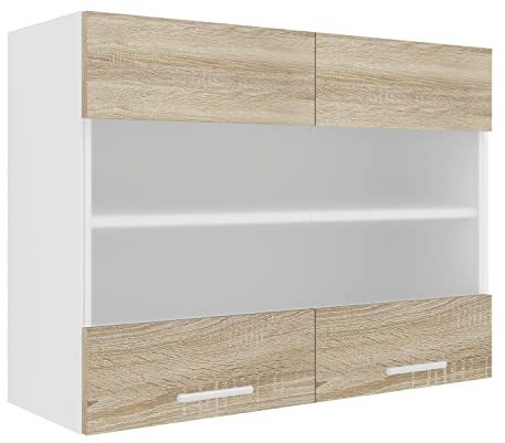 Küchenschrank hängend, Maße ca. H. 60 x B. 80 x T. 31 cm, Hängeschrank mit zwei Fächern, Küchenschrank mit Glas, Küchenmöbel – Esilo