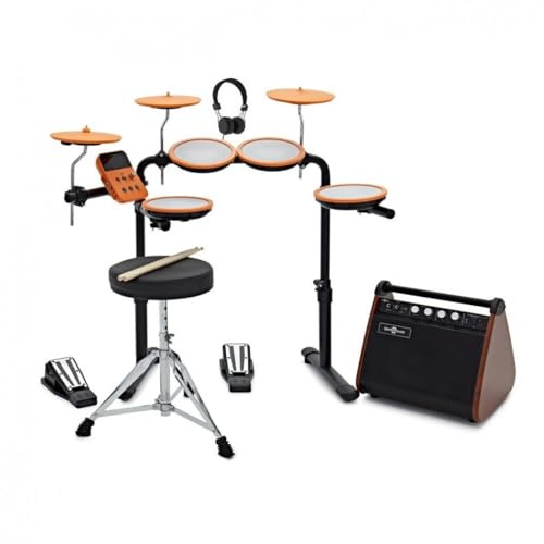 VISIONDRUM E-Drum-Set mit Verstärker für Kinder & Erwachsene, Orange | 7-teiliges Mesh-Pad-Set, höhenverstellbar und klappbar, inkl. Kopfhörer für leises Üben, Hocker und Sticks