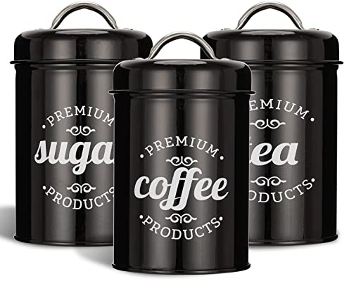Dxlac 3 Piece Food Jars Canisters Sets, Airtight Coffee Container, Tea Organizer, And Sugar Canister, Rustic Farmhouse Decor for Kitchen Countertop (Black)