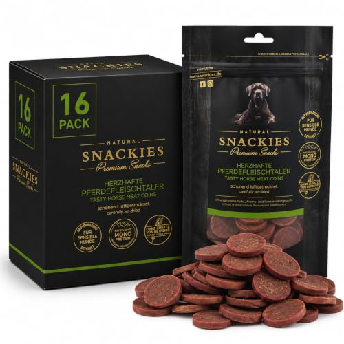 SNACKIES 16er-Pack (à 170g) Hundeleckerli Pferdefleischtaler Premium Snacks für Hunde ohne Zusatz von Getreide, Zucker, Farb-, Aroma- und Konservierungsstoffe, luftgetrocknete Leckerli