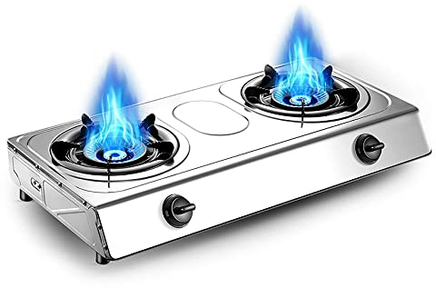 Table de Cuisson à gaz Cuisinière à gaz compacte Portable, 2 plaques de Cuisson avec plaques chauffantes en Fonte, Panneau en Acier Inoxydable Facile à Nettoyer, pour la Maison, Le Camping, la CU