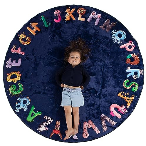 Malamaa ABC Alphabet Rug for Kids – 6 ft Round Blue Play Mat for Toddlers & Babies, Soft Nursery Decor for Learning Letters, Classroom & Playroom Area Mat