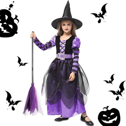 NCKIHRKK Disfraz Bruja para Niña, Traje Halloween para Niña con Sombrero de Bruja, Escoba de bruja y Cinturón, Disfraz Halloween para Niño 5-6 Años, para halloween, Carnaval, Cumpleaños, Navidad