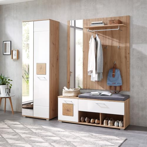Lomadox Garderoben-Set 4-teilig in braun mit weiß | Flurgarderobe in Eiche mit weiß Hochglanz | Garderobenschrank, Spiegel, Schuhbank, Garderobenpaneel