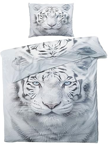 MOBEITI Tiger Bettwäsche 155x220, Weißer Tigermotiv Wendebettwäsche, Weiche Kuschelige Mikrofaser Bettbezug Set 2teilig, 1 Kissenbezug 80x80, mit Reißverschluss