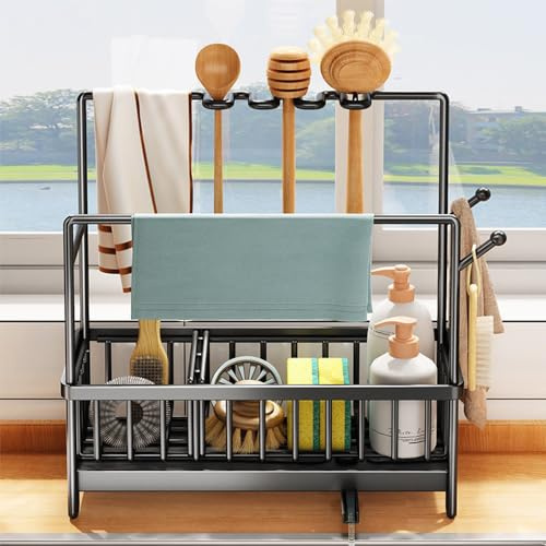 Wotendy Küchen Spülbecken Organizer, Edelstahl Spülbecken Organizer Kein Bohren Mit Tropfschale,Abnehmbarer Küchenutensilien Schwammhalter Küchen Organizer Schwamm Bürste Halter
