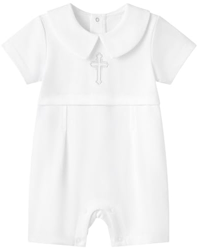 pureborn Baby Boys Baptism Romper Short Sleeve Cotton Christening Outfit One-Piece Coverall White 0-3 Months