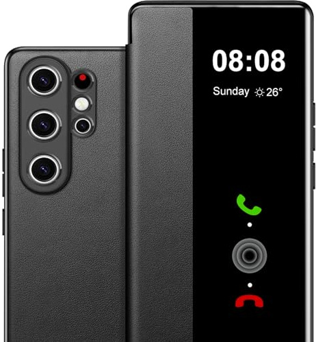 Handyhülle für Samsung Galaxy S24 Ultra Hülle S View, Clear View Flip Leder für Samsung S24 Ultra 5G Hülle, Luxus Extra-Dünn Stoßfest Kratzfest Schutzhülle Cover Case Tasche