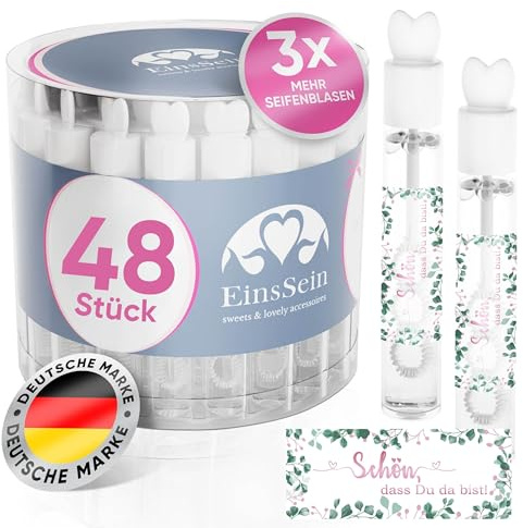 EinsSein Herz-Seifenblasen 48 Stk. | Lovegläschen mit Aufkleber „Schön, dass Du da bist“ rosa-grün | Gastgeschenke & Deko für Hochzeit, Standesamt, Kirche & Taufe