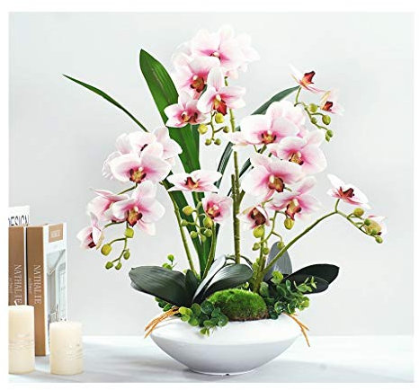 Künstliche Blumen, künstliche Orchideen mit Blumentopf – Phalaenopsis-Blumenarrangements, Bonsai-Phalaenopsis-Orchideen mit Blättern, Stieldekoration für Zuhause/Küche/Schlafzimmer/Büro/Rosa (Pink)