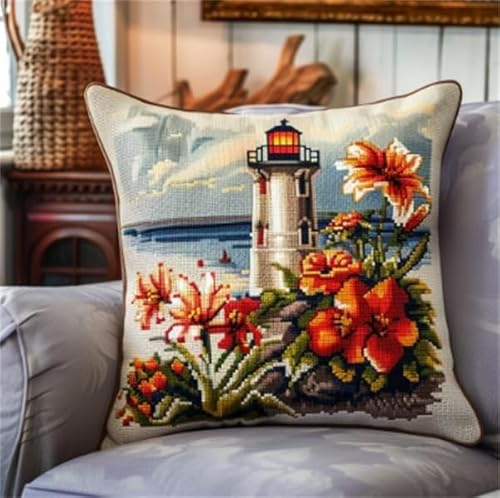 Lfynior Kreuzstich Kissen Set Landschaft Stickkissen zum Selbersticken 45X45cm Stickpackung Stickset Kreuzstich Kissen zum Basteln Stickkissen Stickpackung mit Vorgedruckt Kreuzstichmotiv